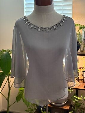 Embellished Sheer Cape-Sleeve Blouse in Light Gray Silver Dress Topper M-L GUC